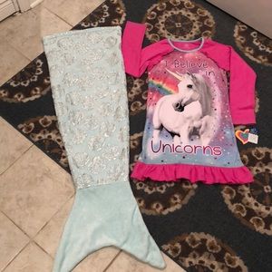 NWT Unicorn Pj’s with fun mermaid blanket